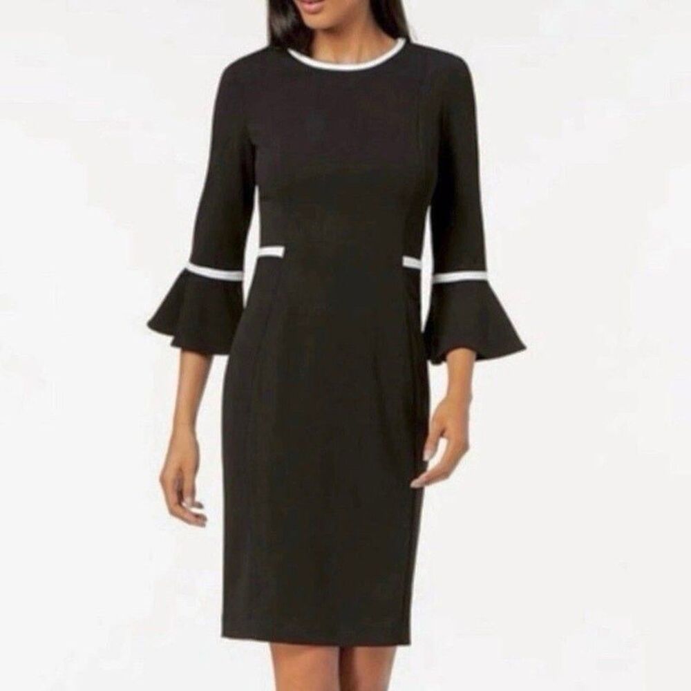 Calvin Klein Black Sheath Dress White Piping 3/4 Bell Sleeve Mid Midi Classic 10 - Picture 2 of 6